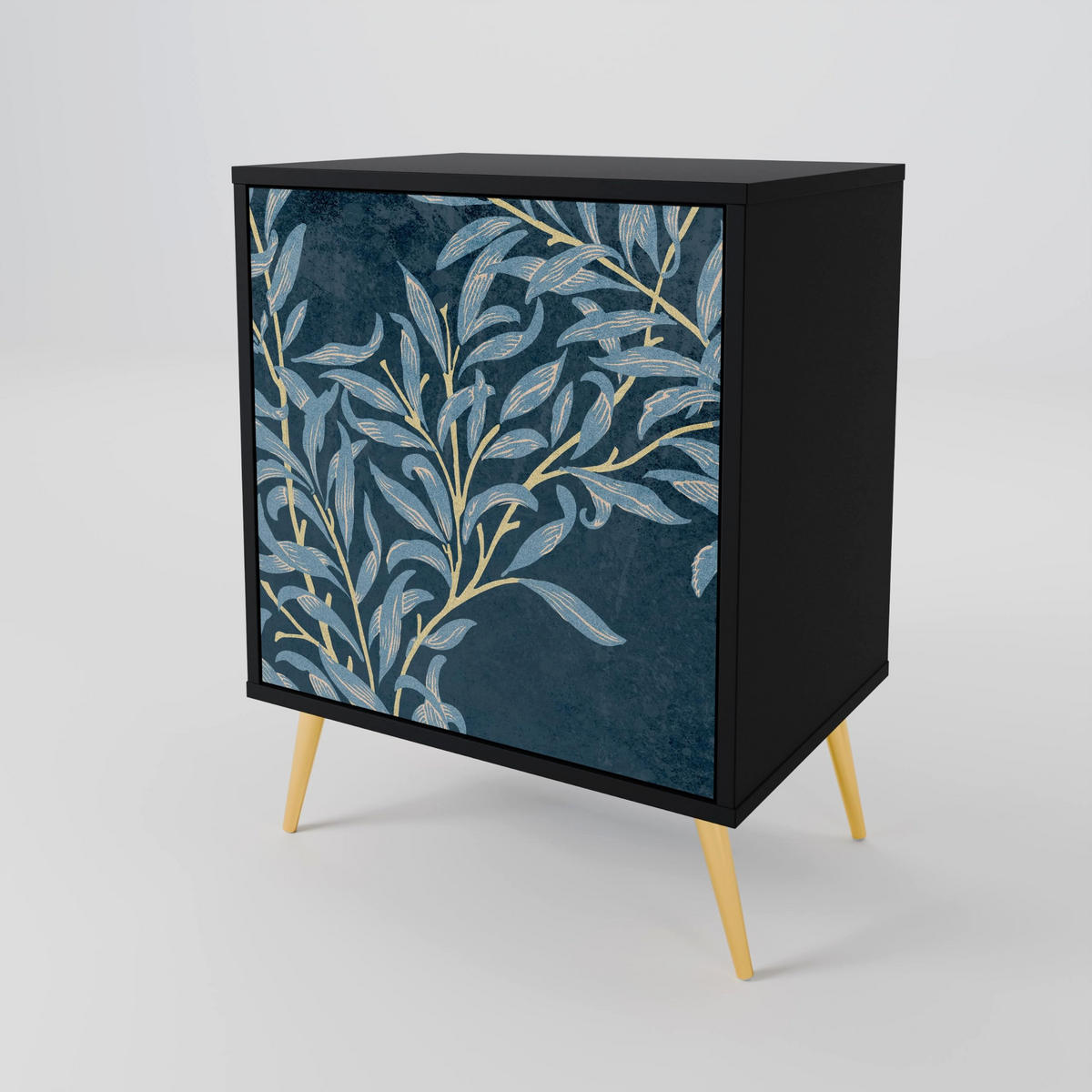 SIDEBOARD BLUE LEAVES, Schwarz, 57,5x42x67,5 cm, Schwarze Metall-Rahmenfüße - Multicolor/Schwarz, Holzwerkstoff/Metall (57.5/67.5/42cm) - SpaceRebels