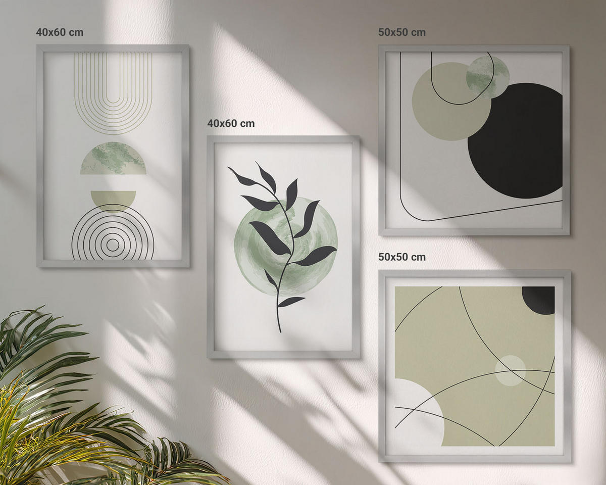 BILDER SET 4er Set - 50x50 cm & 40x60 cm Silberner Rahmen - Abstrakte Pflanzenmotive - Silberfarben, Kunststoff (50/50cm) - TULUP