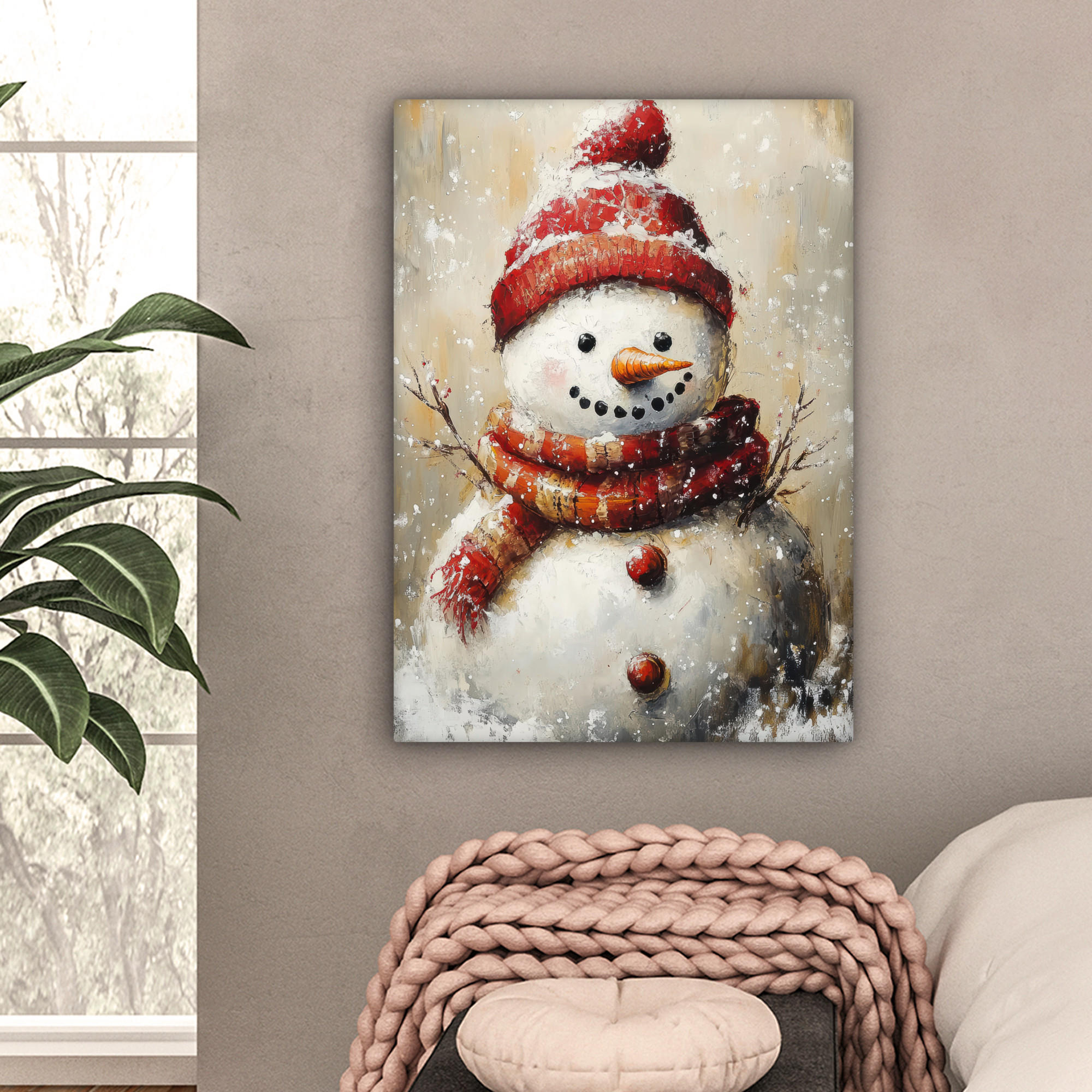 LEINWANDBILD Schneemann - Winter - Schnee - Beige 60x80 cm - Weiß, Textil (60/80cm) - MuchoWow