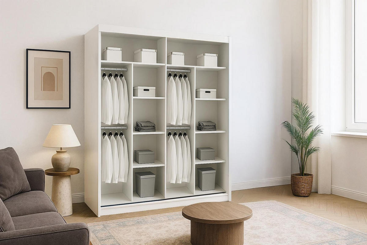 KLEIDERSCHRANK Karo 203 Schwarz, zweitüriger Schiebeschrank mit Spiegel - Schwarz, Holzwerkstoff (203/216/62cm) - Bettso