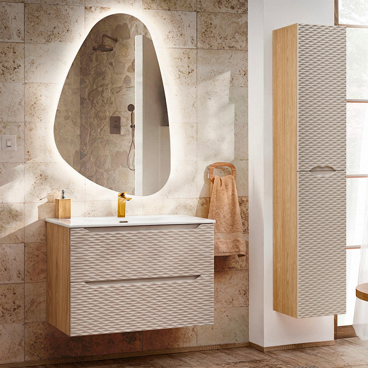 BADMÖBEL 80cm Elora 2er-Set Beige und Holz - Beige, Holzwerkstoff (80/57/46cm) - Petits-meubles