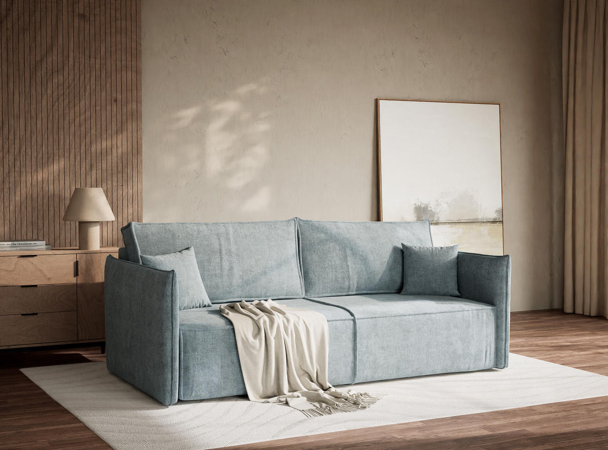 SOFA MIT SCHLAFFUNKTION Obra Hellblau Chenille-Stoff - Schwarz/Hellblau, Holz/Holzwerkstoff (220/70/107cm) - Maison de Reve