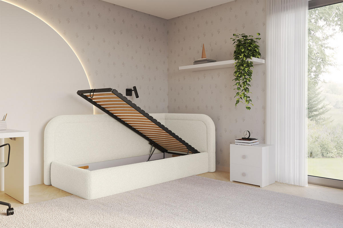 EINZELLBETT Jugendbett mit Bettkasten, Links - JOVY 100x200 Beige - Champagner, Holzwerkstoff/Textil (100/200cm) - ALTDECOR