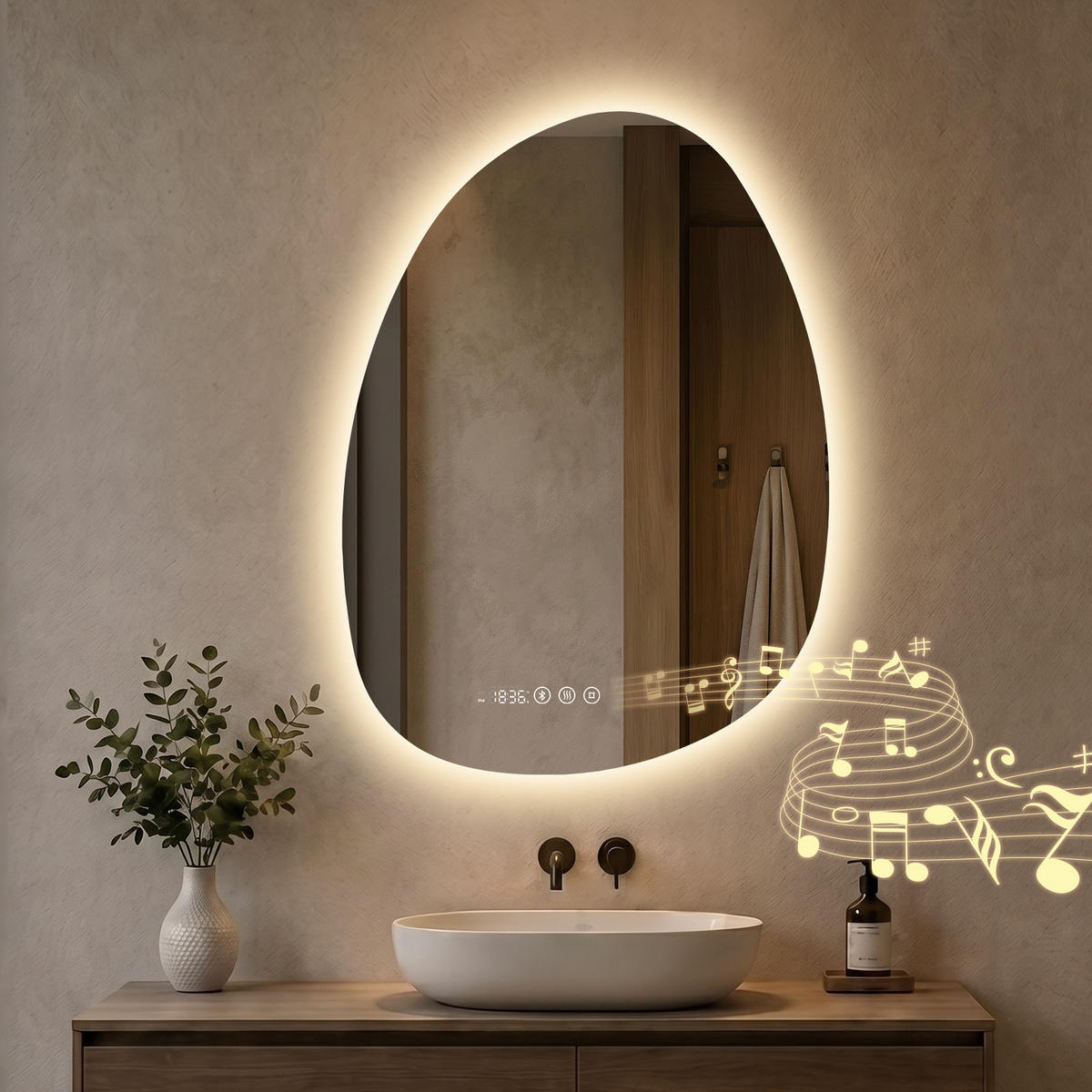 BADSPIEGEL MIT BELEUCHTUNG 75/55 cm asymmetrisch Bluetooth LED mit Antibeschlag - Transparent, Glas (55/75/3cm) - S'AFIELINA
