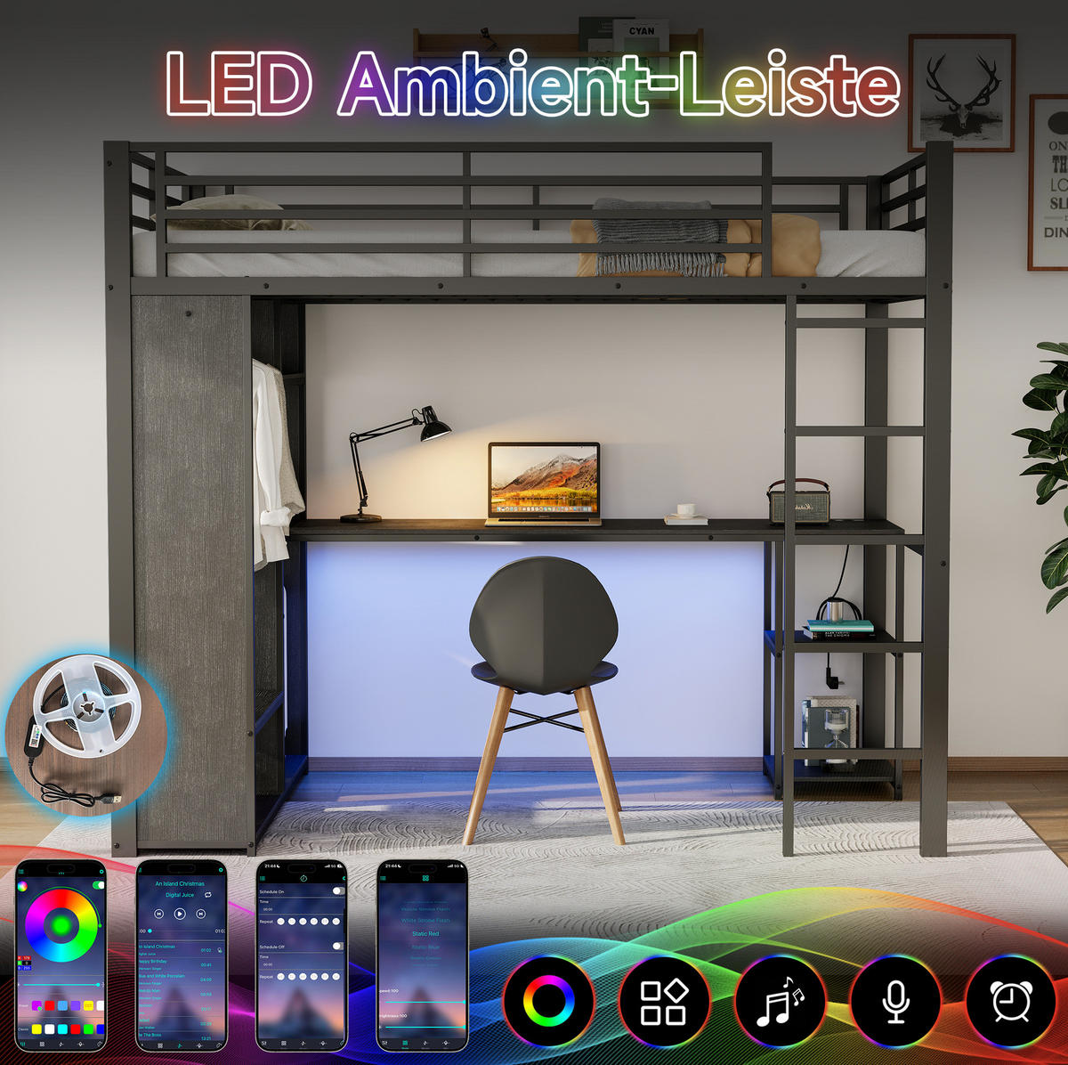 HOCHBETT MDF+Metall 90x200 cm Schwarz mit Schreibtisch, LED-Lichtleiste und offenem Stauraum - Schwarz, Holzwerkstoff (90/200cm) - Modfu