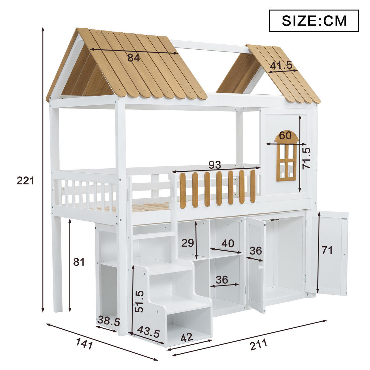 ETAGENBETT 90/200 cm in Weiß & Natur mit Schrank, Regal und Fenster aus Kiefer & MDF - Weiß/Naturfarben, Holz/Holzwerkstoff (90/200cm) - CHICFURN