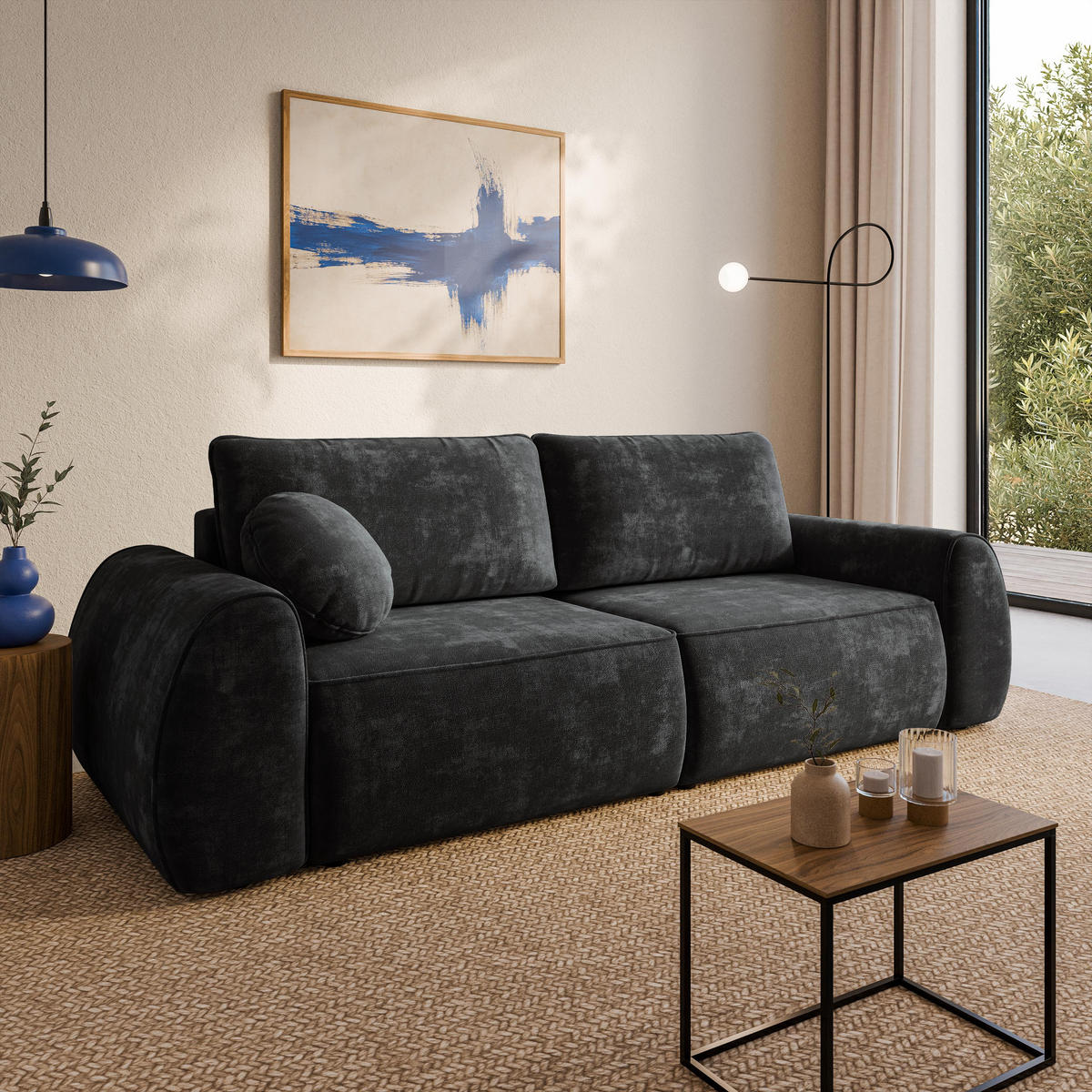 BETTSOFA ZEFEO Schwarz Chenille-Stoff mit Schlaffunktion - Schwarz, Textil (264/96/106cm) - MASSENO