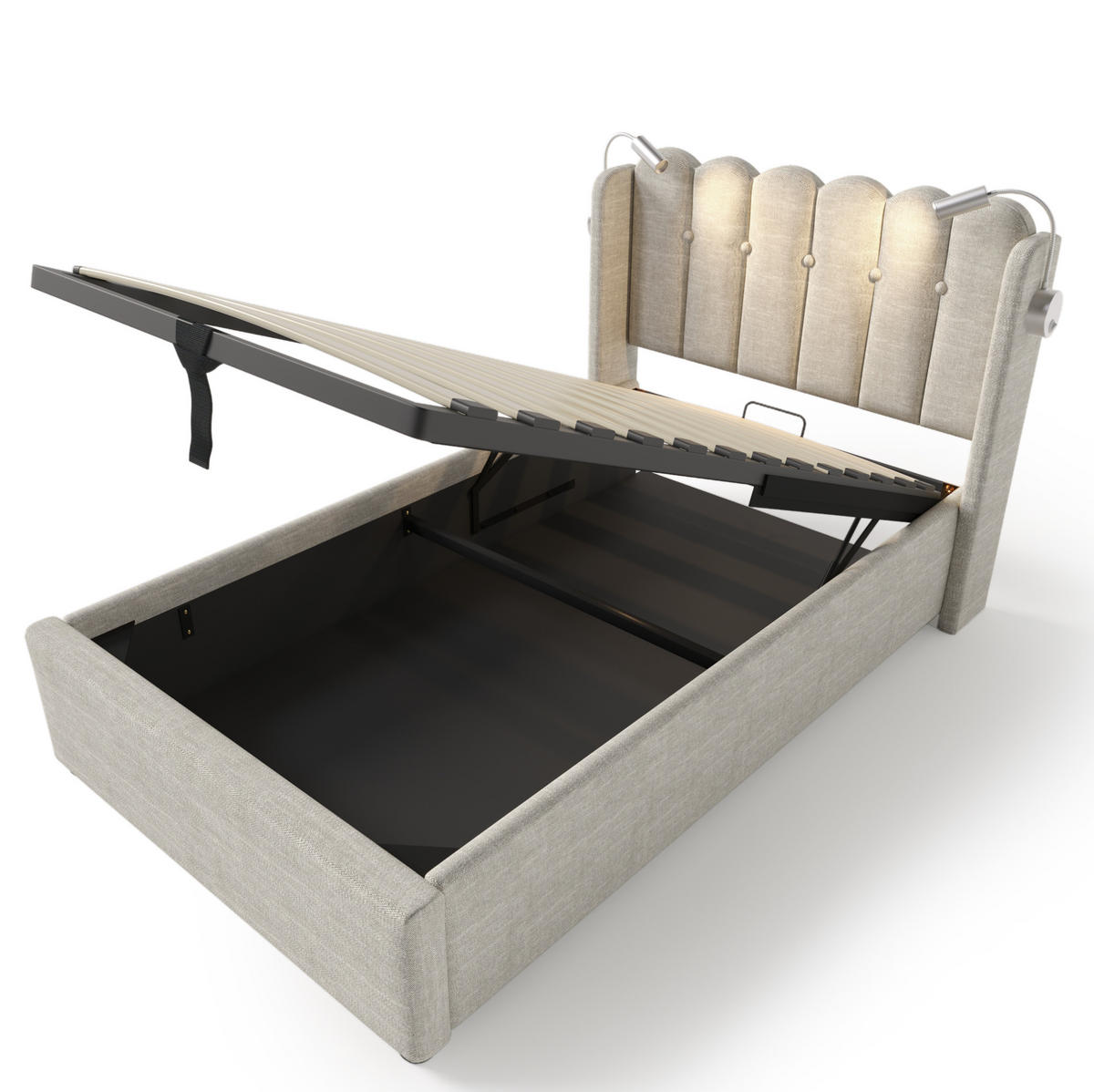BETT mit Stauraum, USB und Leselicht 90x200 cm Leinen Natur - Beige, Metall (90/200cm) - Meubliv