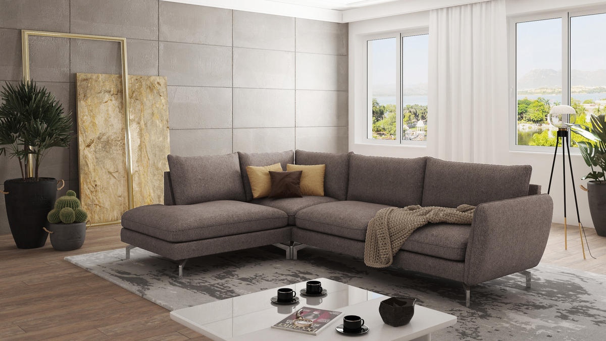 ECKSOFA Elou Braun - Khaki Microfaser - Chromfarben/Dunkelbraun, Holz/Textil (277/200cm) - S-Style Möbel