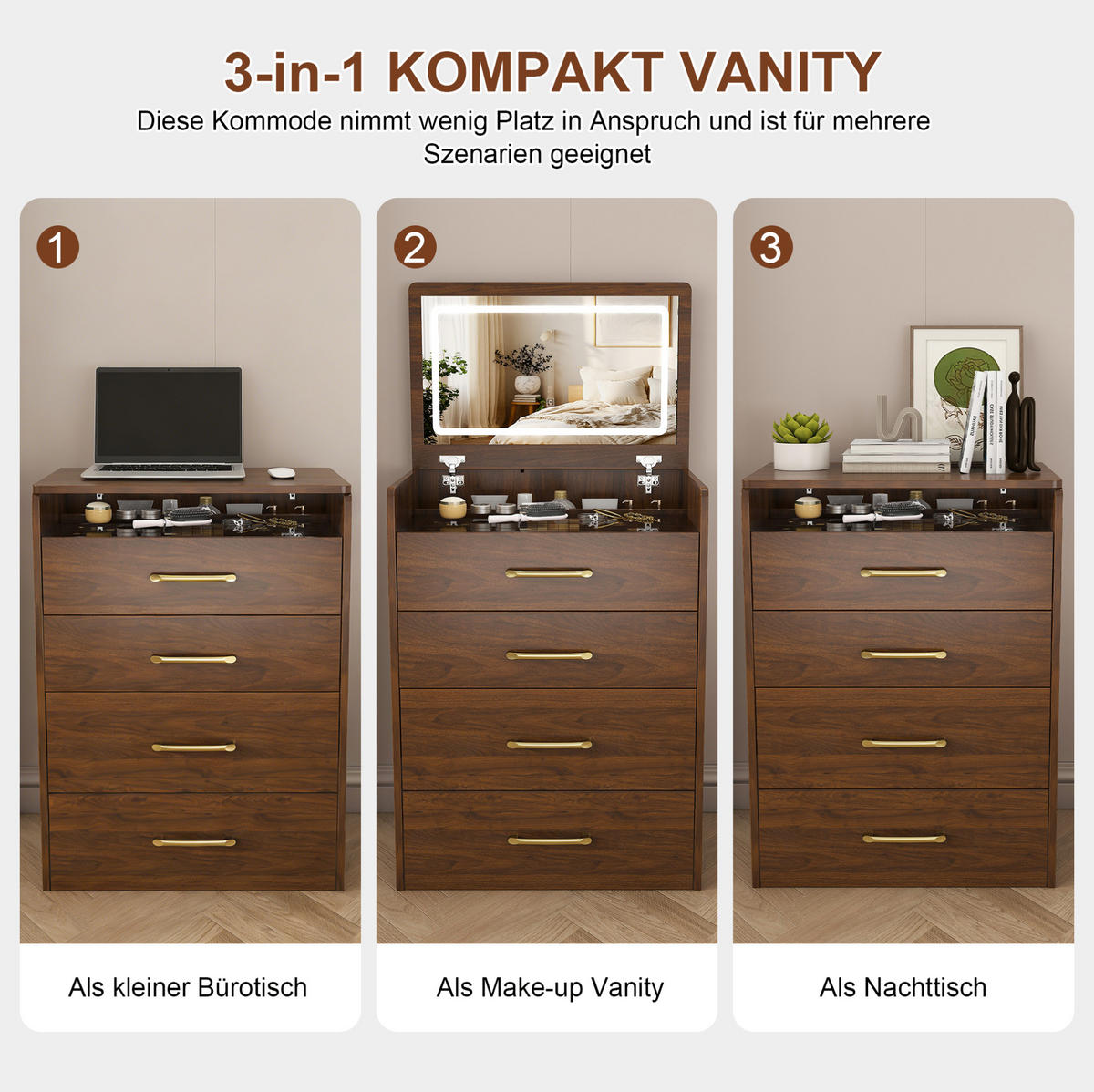 SCHMINKTISCH 40/60/118 cm mit aufklappbarem Spiegel, Glasplatte, 3-in-1-Funktion und Hocker, Walnuss - Weiß, Holzwerkstoff (60/118/40cm) - Redom
