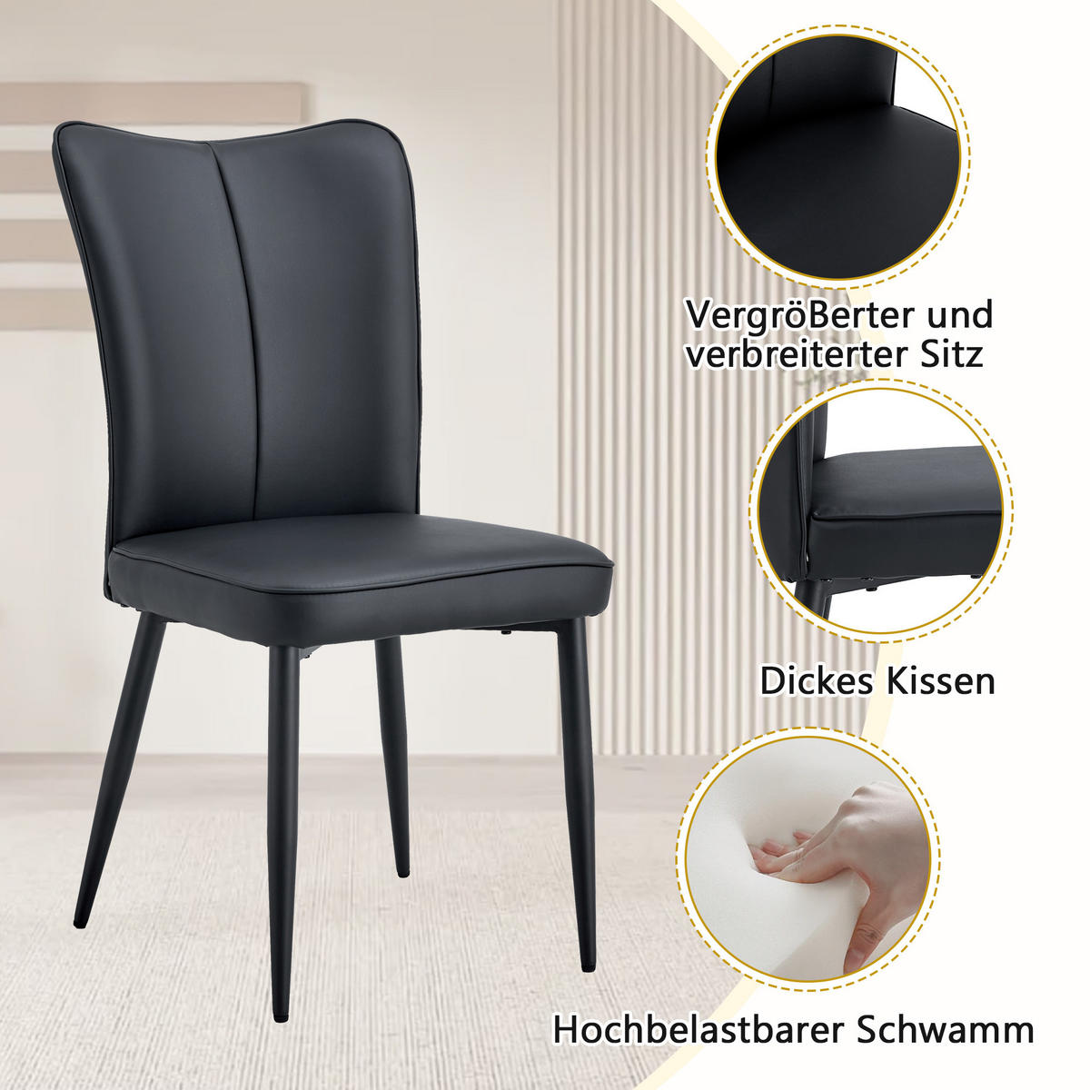 ESSGRUPPE DE-39364 5-teilig, mit 4 PU-Sesseln Schwarz - Schwarz, Holzwerkstoff (160/76/90cm) - ComfortXL