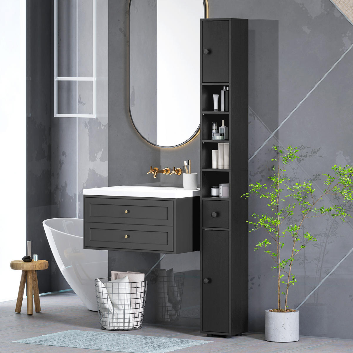 BADEZIMMERSCHRANK Spanplatte Schwarz - Schwarz/Grün, Karton/Holzwerkstoff (20/180/20cm) - Kleankin