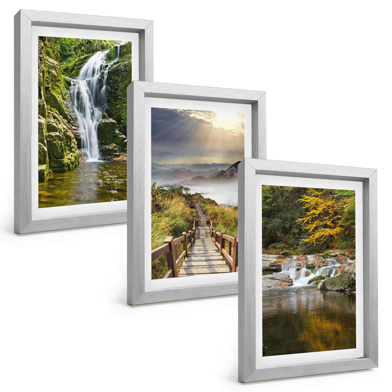BILDER SET 3er Set - 20x30 cm Silberner Rahmen - Wasserfälle, Berge, Wolken, Herbst - Silberfarben, Kunststoff (20/30cm) - TULUP