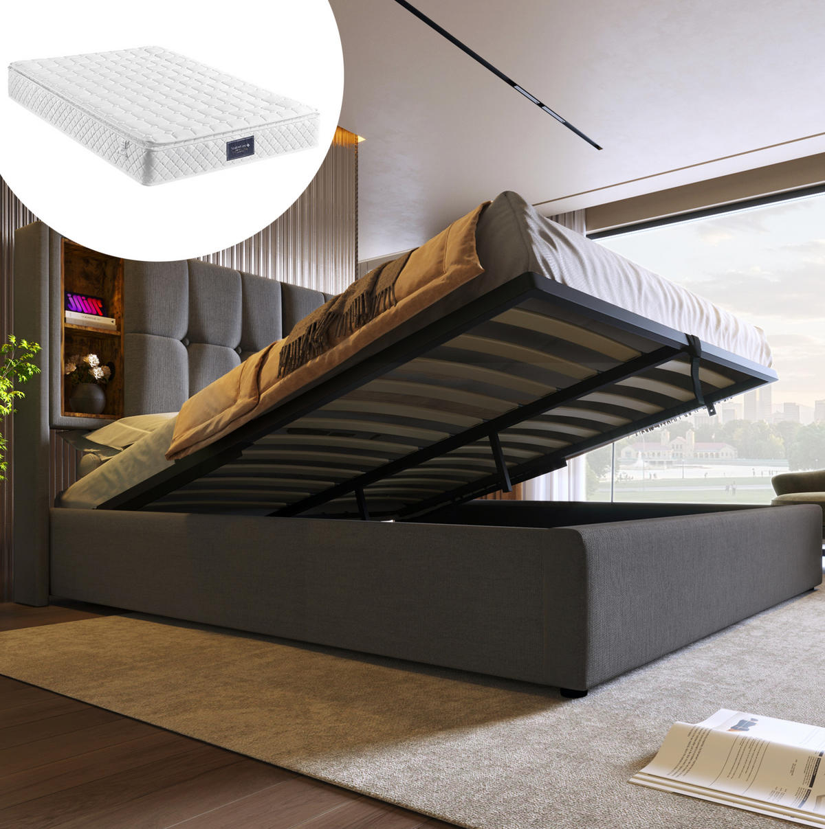 ČALÚNENÁ posteľ z bavlny 160x200 cm sivá s bezdrôtovým nabíjaním, USB a úložným priestorom - sivá, textil (160/200cm) - Modfu