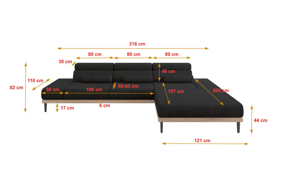 ELEKTRISCHES ECKSOFA Rechts MONA 316x205x85 Schwarz Velours - Schwarz/Graphitfarben, Holzwerkstoff/Textil (316/205cm) - ALTDECOR