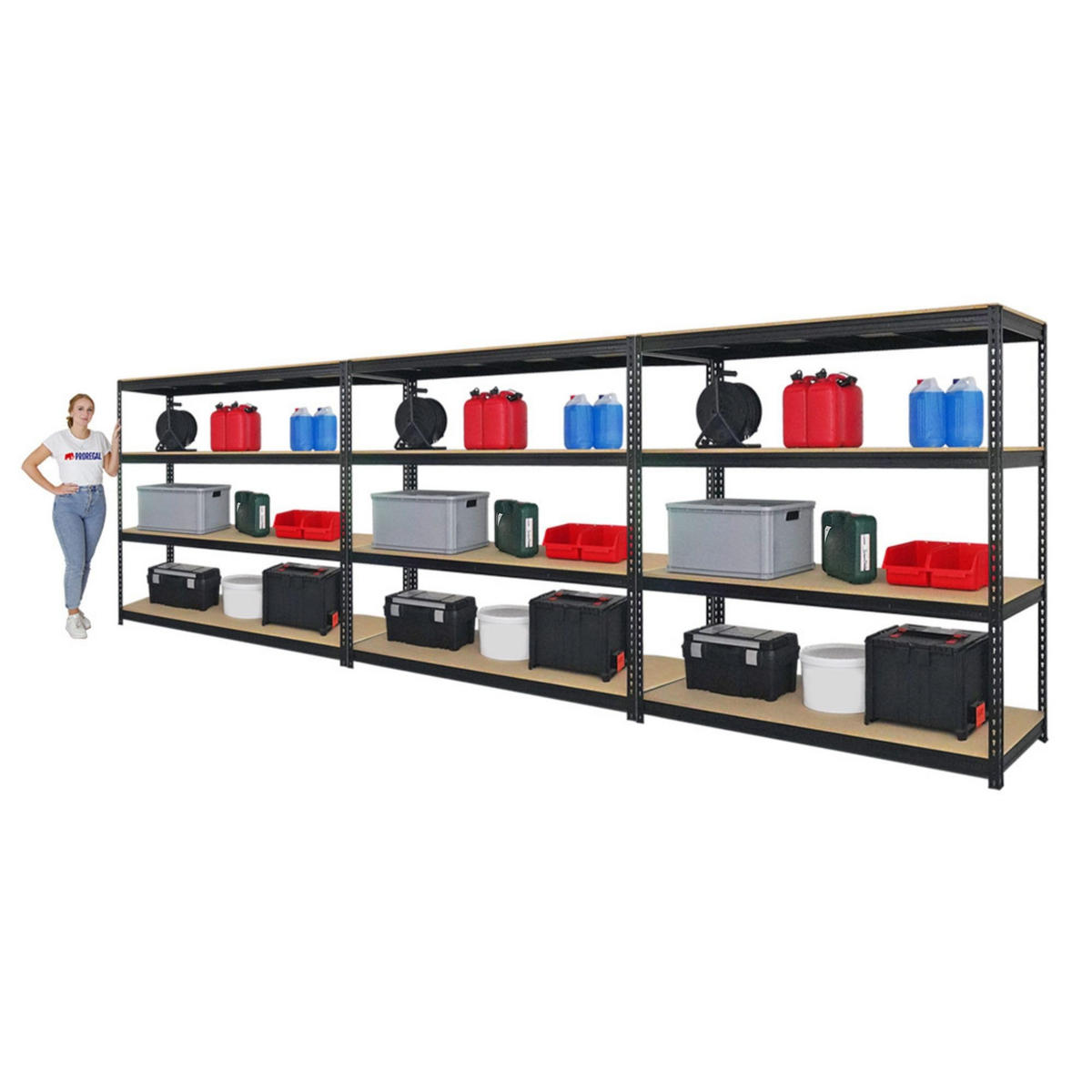 SCHWERLASTREGAL Bison 3er-Set mit 3x 200x200x60 cm 4 Fachböden Fachlast 600 kg Schwarz - Schwarz, Metall (600/200/60cm) - PROREGAL