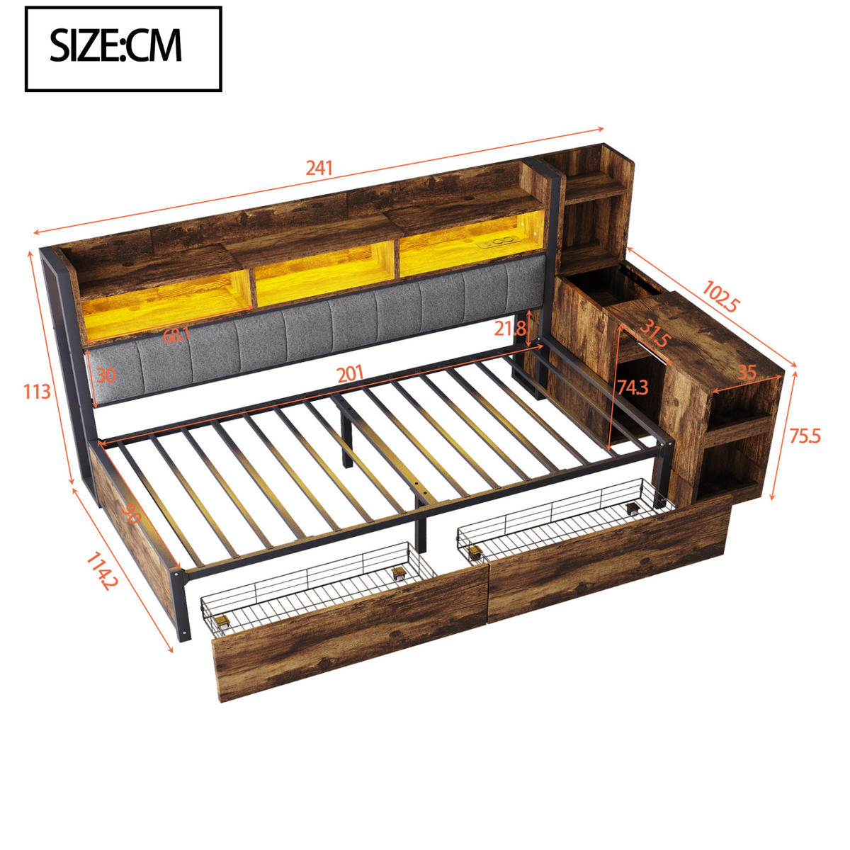 POSTEL 90/200 cm, bílá/dřevodekor, multifunkční s úložným prostorem a pracovním stolem - přírodní, kov (90/200cm) - BEAOK