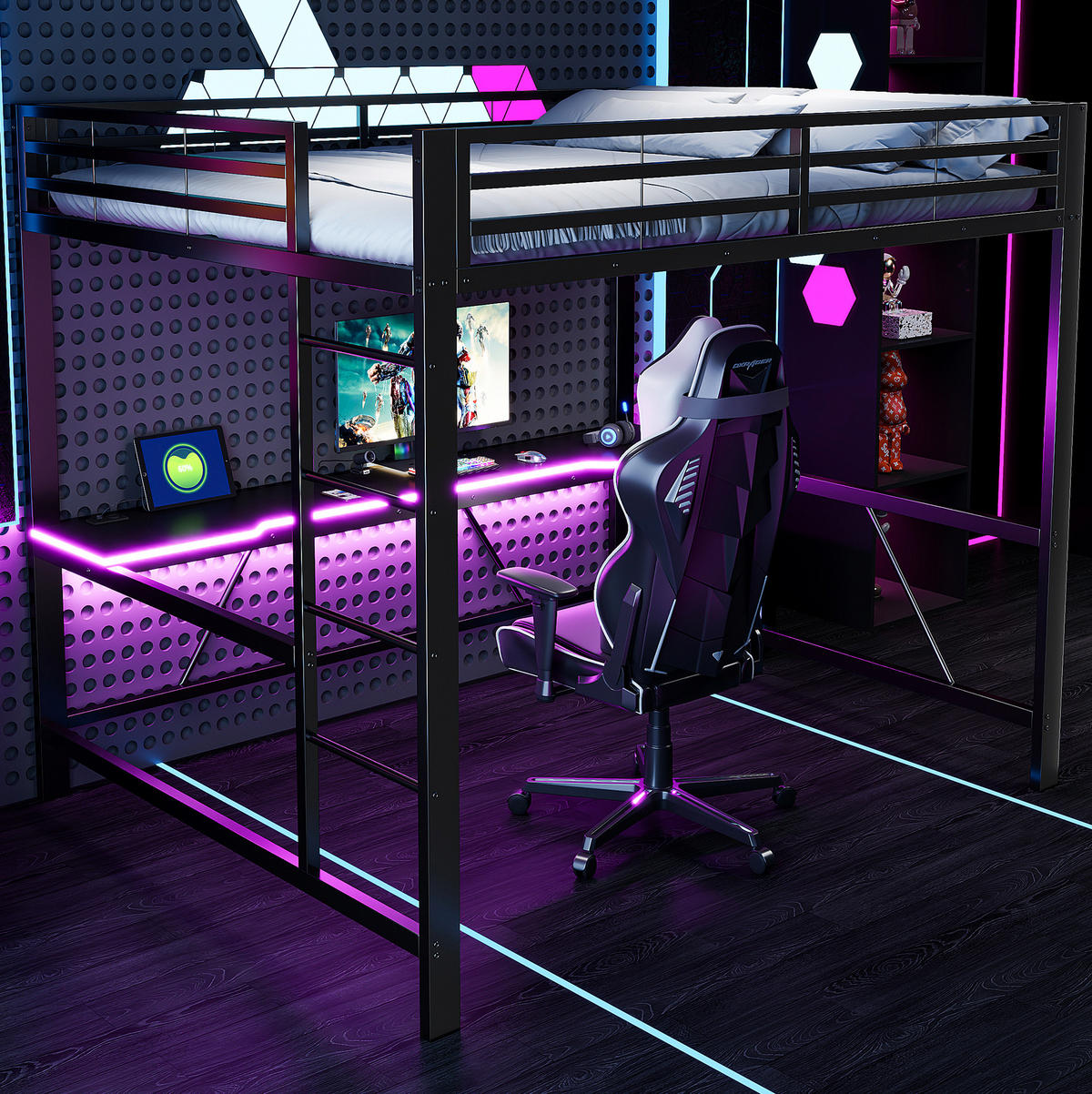 HOCHBETT aus Metall und MDF 160x200 cm Schwarz mit LED-Beleuchtung, Schreibtisch und Schutzgitter - Schwarz, Holzwerkstoff (160/200cm) - Modfu