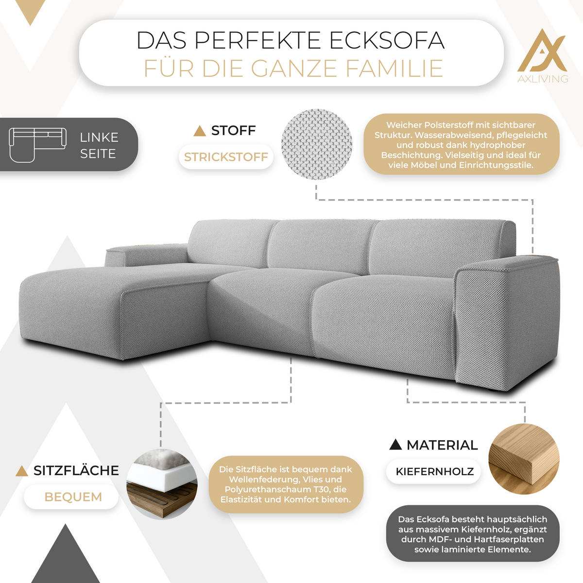 ECKSOFA L Form Didim mini Ivory 310/165/78 cm – stilvolle kleine Eckcouch L - Greige/Champagner, Kunststoff/Textil (165/310cm) - AX Living