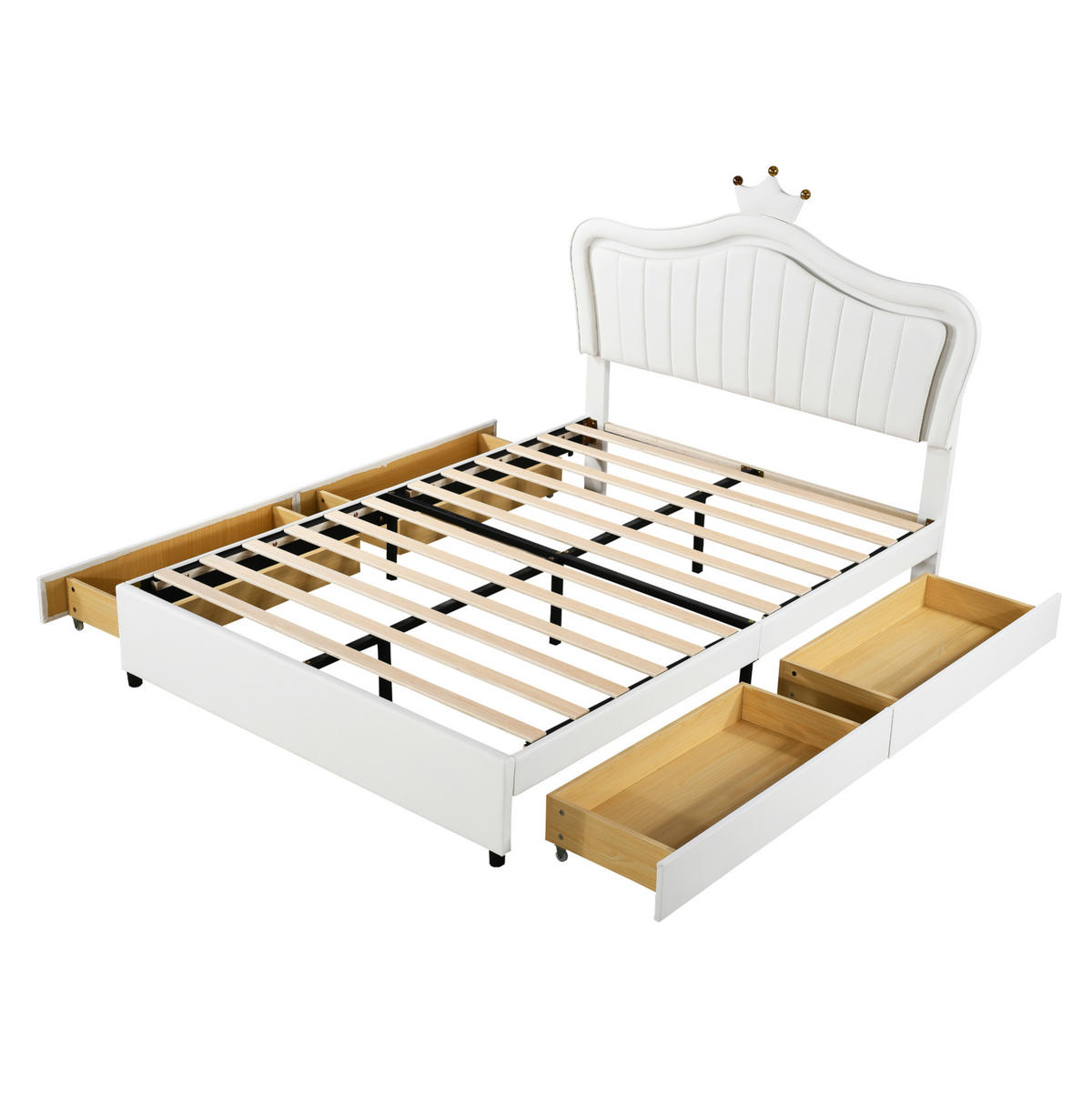 DJEČJI tapecirani krevet 140/200 cm bijeli od PU kože s LED rasvjetom i 4 ladice - bijela, tekstil (140/200cm) - OKWISH