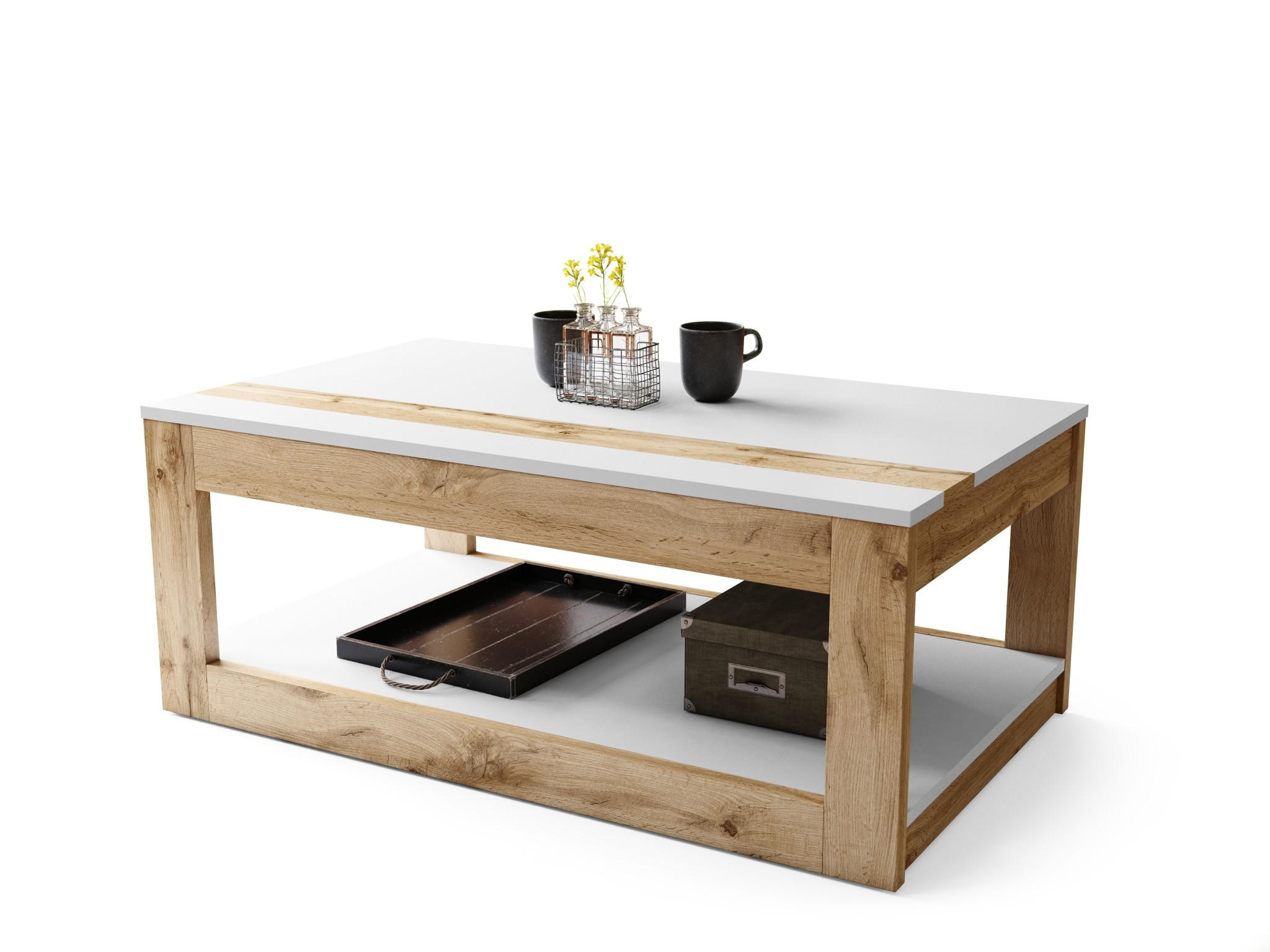 COUCHTISCH rechteckig Weiß - Eiche Wotan aufklappbar - Eiche Wotan/Weiß, Holzwerkstoff (66/112/45cm) - designimpex