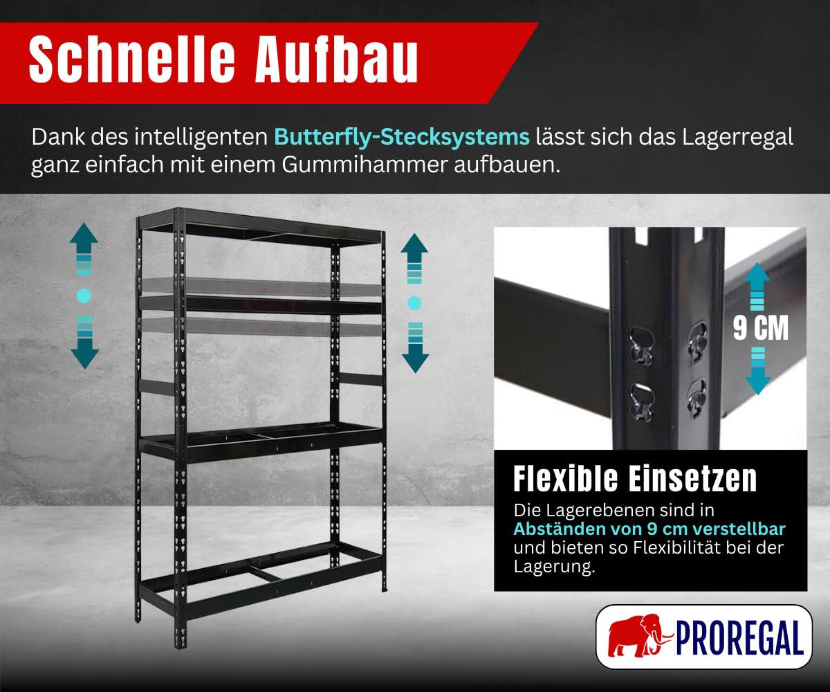 REIFENREGAL Tiger 180x120x40 cm bis zu 12 Reifen auf 2 Ebenen + 2 Ablagen Schwarz - Schwarz, Metall (120/180/40cm) - PROREGAL