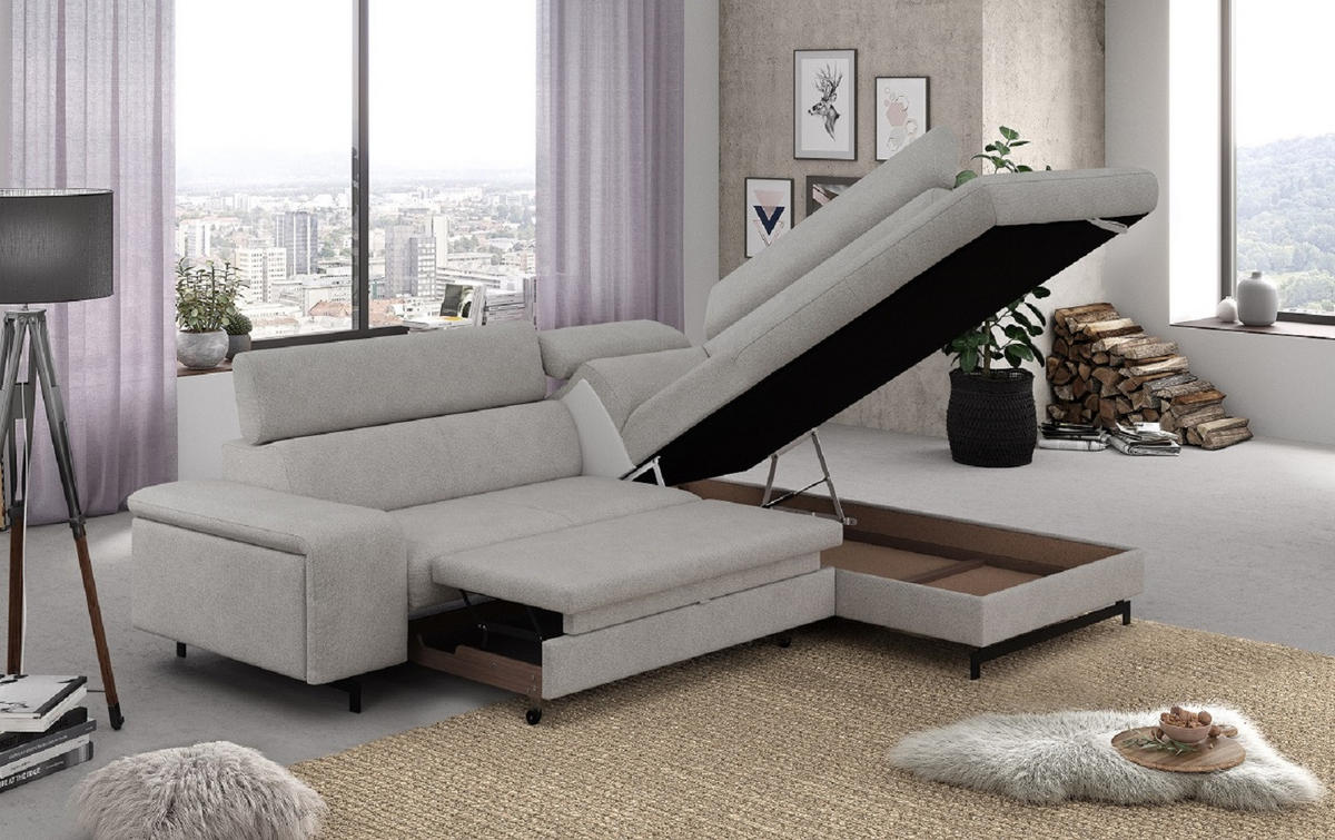ECKSOFA mit Schlaffunktion und Bettkasten - Hellgrau/Schwarz, Kunststoff/Textil (215/262cm) - Cotta