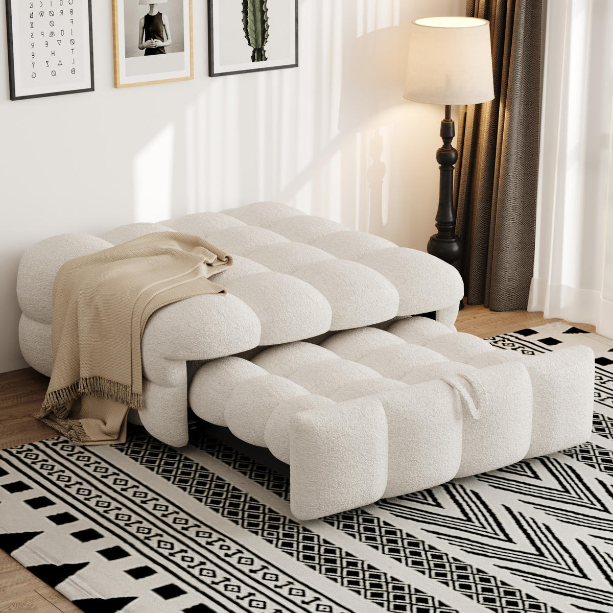 POLSTERBETT in Beige Teddy-Stoff, Ausziehbares Schlafsofa - Beige, Textil (80/180cm) - KOMHTOM