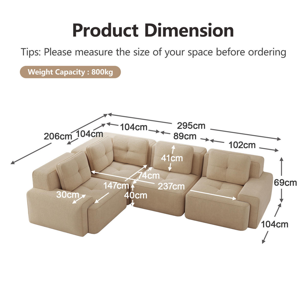 ECKSOFA 295/206/69 cm Beige aus Cordstoff modular kein Aufbau erforderlich - Beige, Textil (206/295cm) - OKWISH