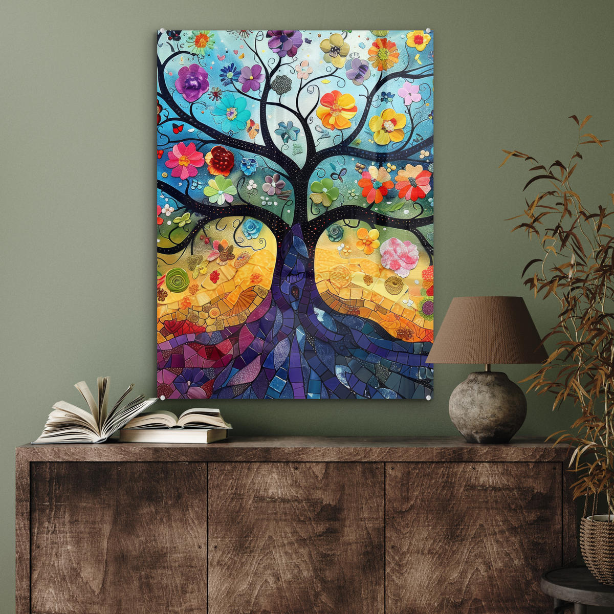 OBRAZ NA AKRYLOVOM SKLE Umenie - Strom života - Kvety - Hippie 60x80 cm - tmavomodrá, sklo (60/80cm) - MuchoWow