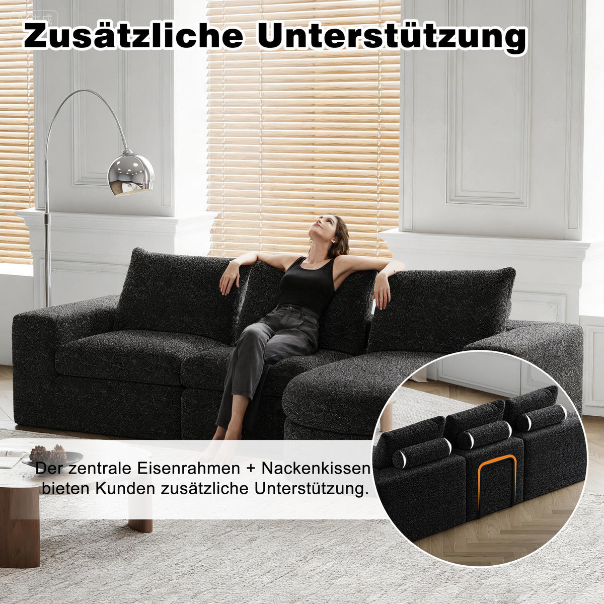 ECKSOFA 322,5/271,7/81,2 cm modular schwarz aus Chenille mit wechselbarer Chaiselongue - Schwarz, Textil (322.5/271.7cm) - OKWISH