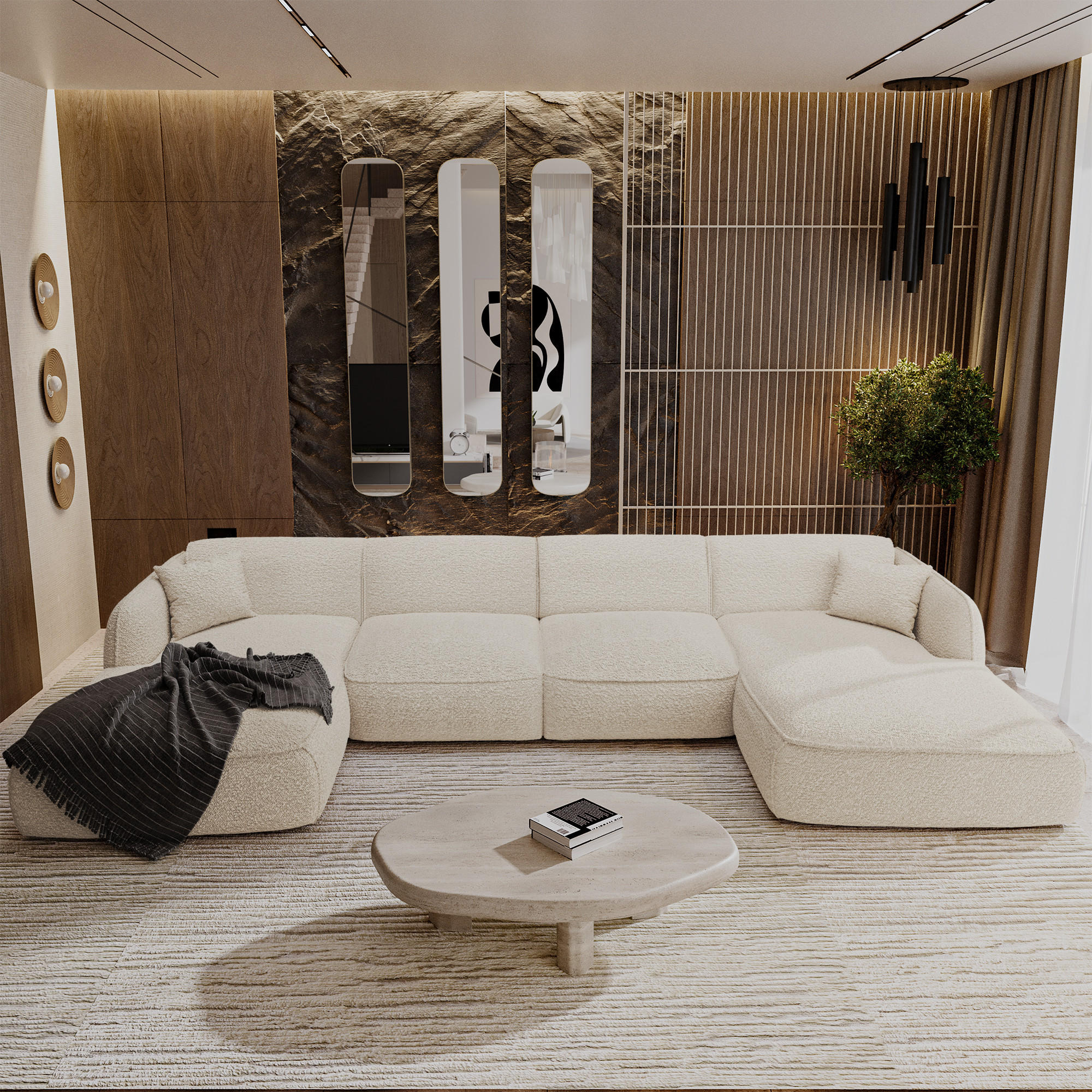 WOHNLANDSCHAFT Bouclé-Stoff Creme 346cm - Creme, Textil (346/76/166cm) - Sia Home