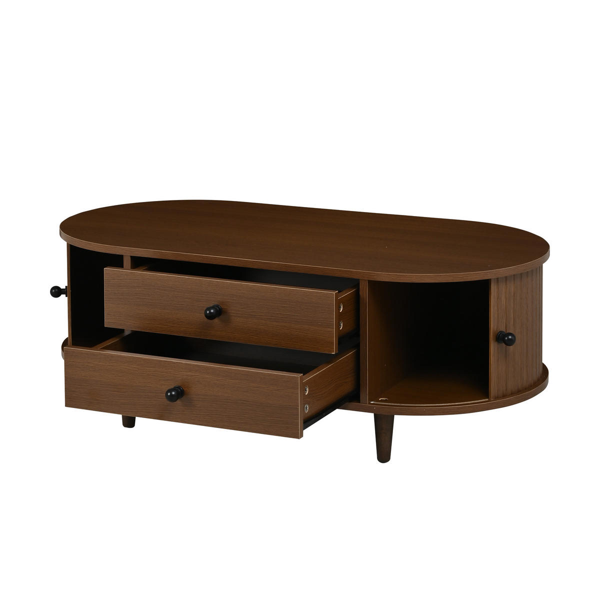 COUCHTISCH mit Stauraum, Rolltüren & Schubladen in heller Holzoptik Skandi 100/50/36 MDF Massivholzbeine - Dunkelbraun, Holzwerkstoff (100/50/36cm) - EVRYAE