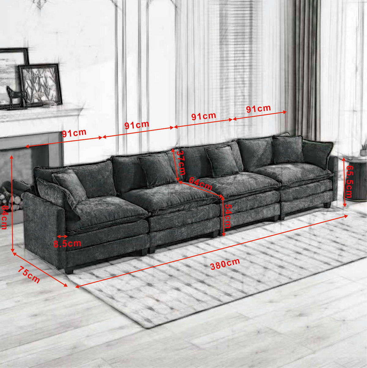 SOFA modular Chenille Blue 4-Sitzer - Blau, Holz (75/84/380cm) - Meubliv