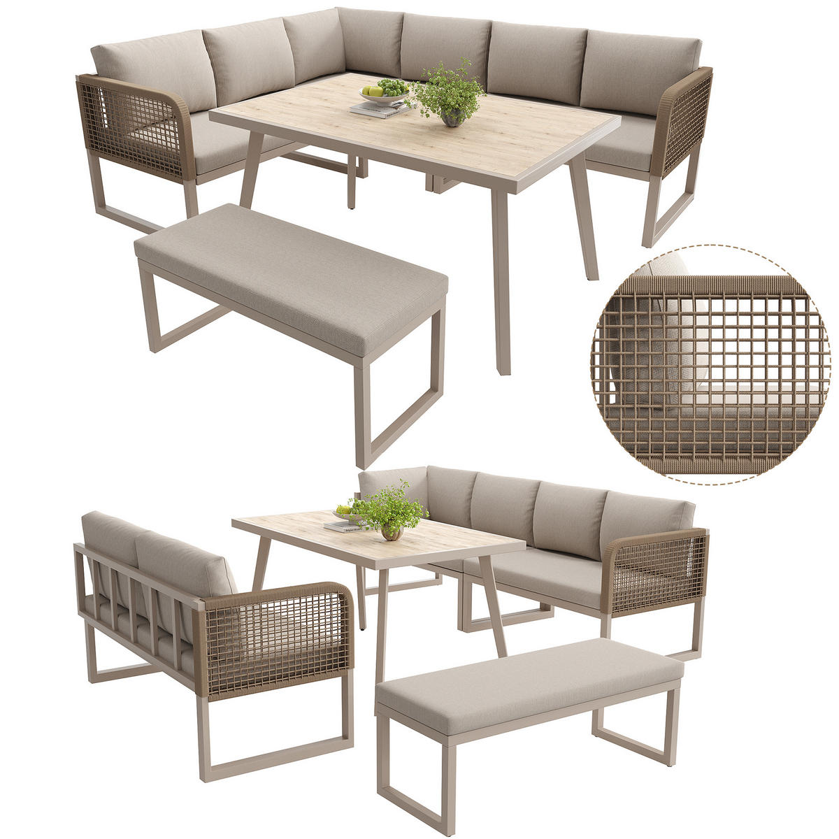 LOUNGESET 6-8 Personen PE-Rattan Beige Mit Hochwertigen Kissen - Beige, Metall - FLIEKS
