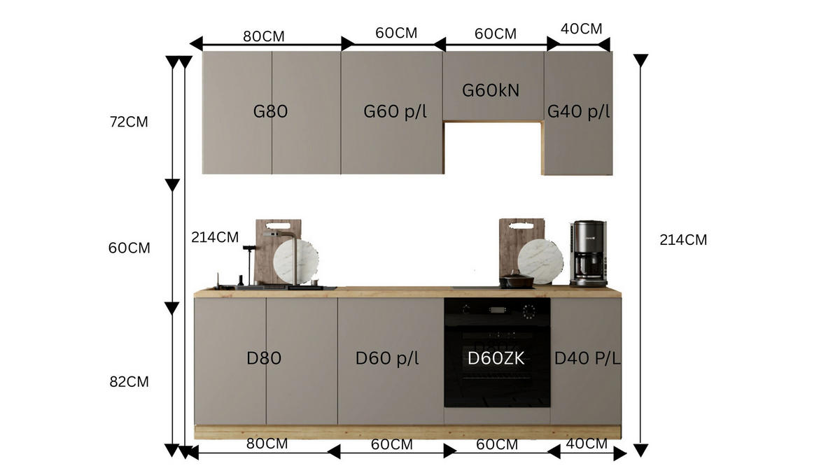 KÜCHENZEILE – Küchenblock 240 cm VELORA – KU-S46 – Beige - Beige, Holzwerkstoff (240/214/52cm) - hi-markt
