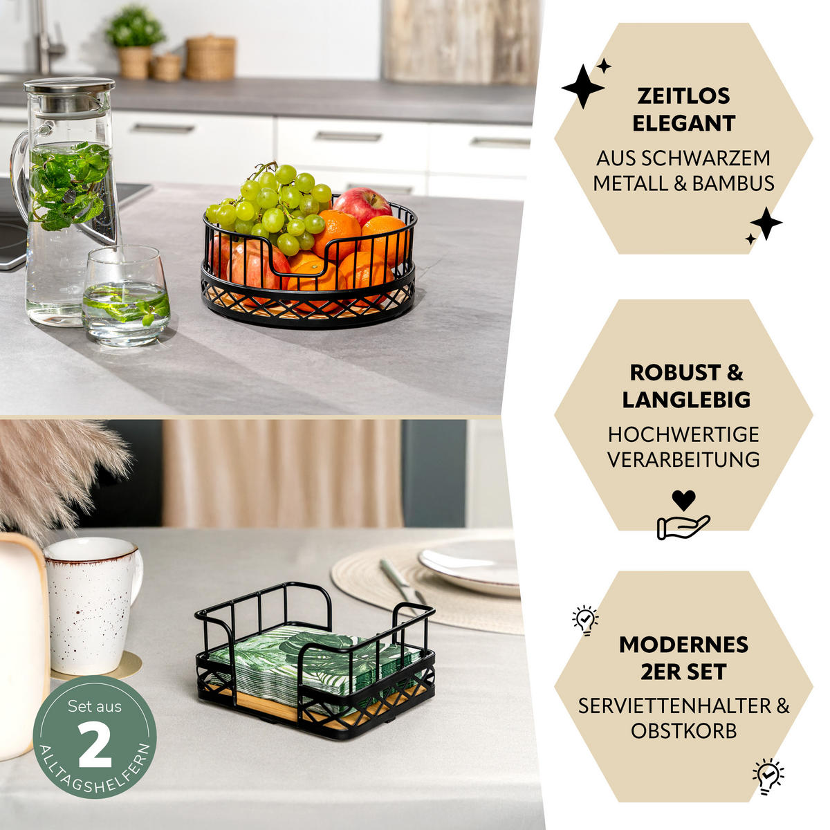 OBSTKORB mit Serviettenhalter, Bambus, Metall, schwarz - Schwarz, Metall (9.5cm) - bremermann