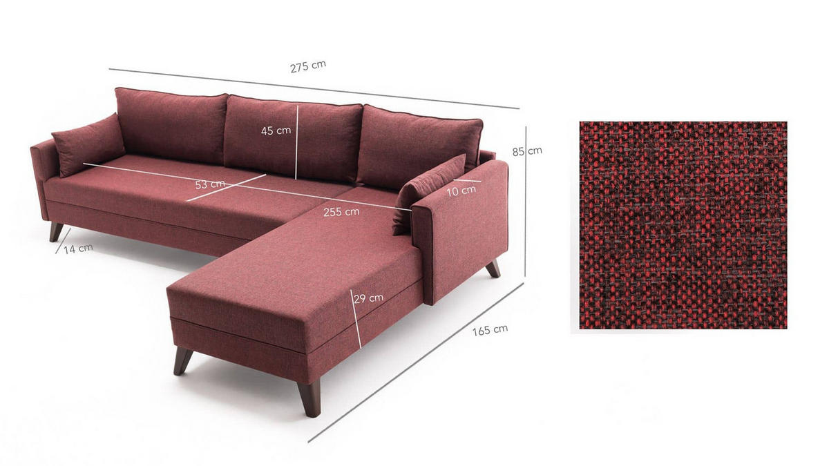 ECKSOFA mit losen Rückenkissen und Schlaffläche - Rot/Walnussfarben, Holz/Kunststoff (165/275cm) - myHomelando