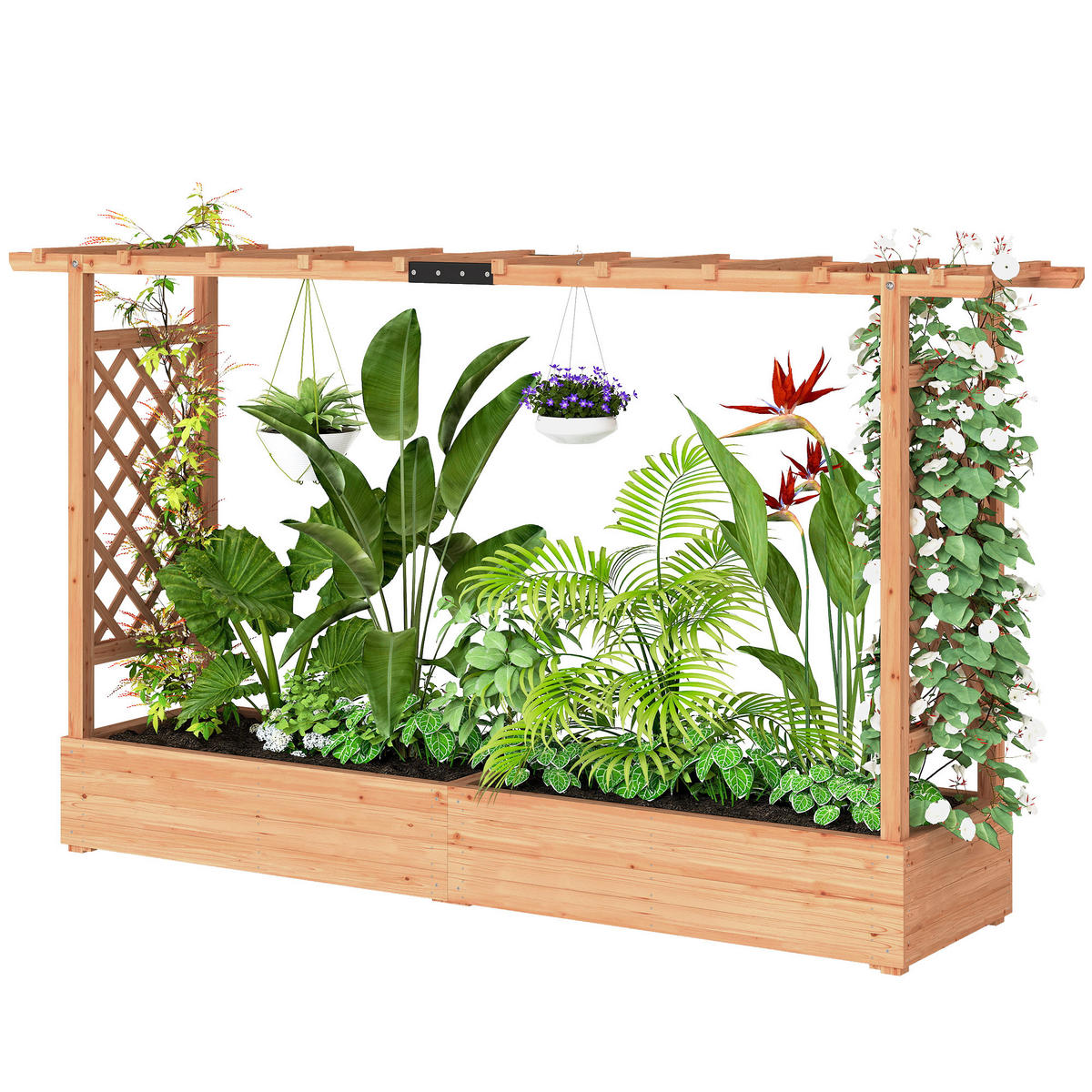 HOCHBEET DE-12231 mit Rankgitter 200/44/113,5 cm mit 8 Drainagelöchern Natur - Naturfarben, Holz (200/113.5/44cm) - ComfortXL