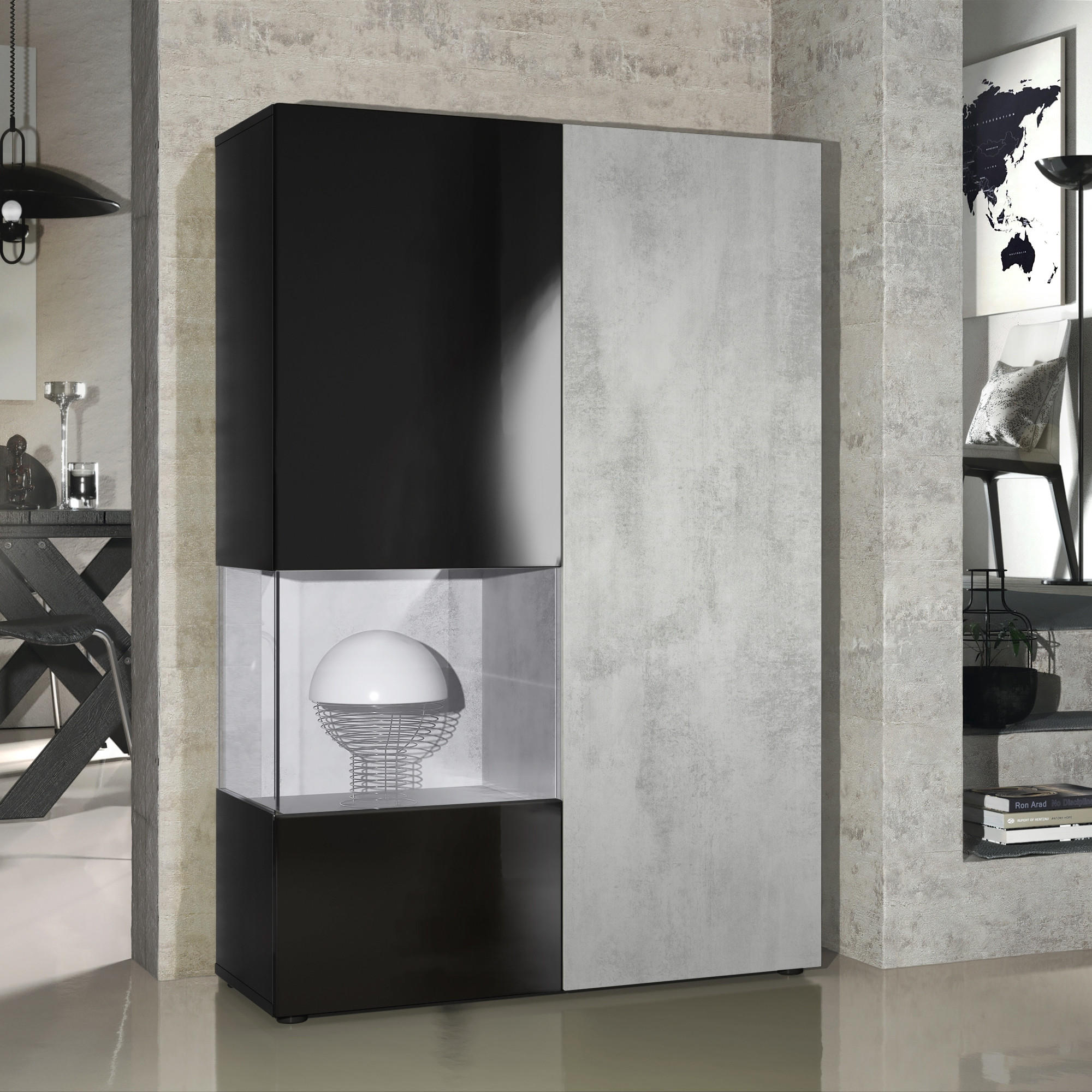 VITRINE Morena Tür und Einsatz in Beton Oxid Optik - Hellgrau, Holzwerkstoff (91.5/136.5/37cm) - Vladon