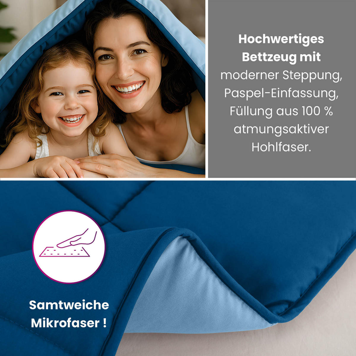 PLÜSCH Steppbett Bi-Color im Wende-Design blau 155x220 - Blau, Textil (155/220cm) - wometo