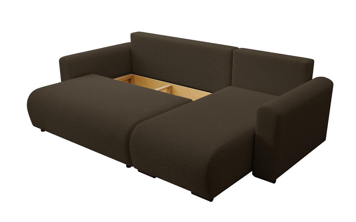 ECKSOFA DORA L, Eckcouch in L-Form mit Schlaffunktion und Bettkasten, Farbe: Dunkelbraun, Bouclé-Stoff, Ottomane Rechts - Dunkelbraun, Textil (240/143cm) - Storez24
