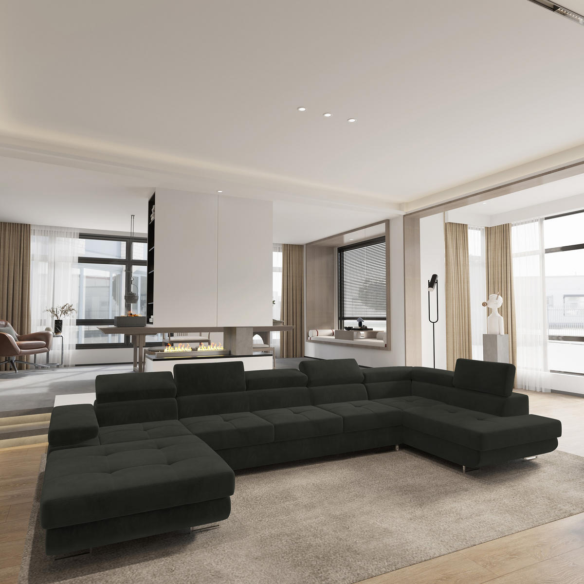 WOHNLANDSCHAFT TORIVA R-S Schwarz Velours-Stoff mit Schlaffunktion - Schwarz, Holz (418/90/202cm) - MASSENO