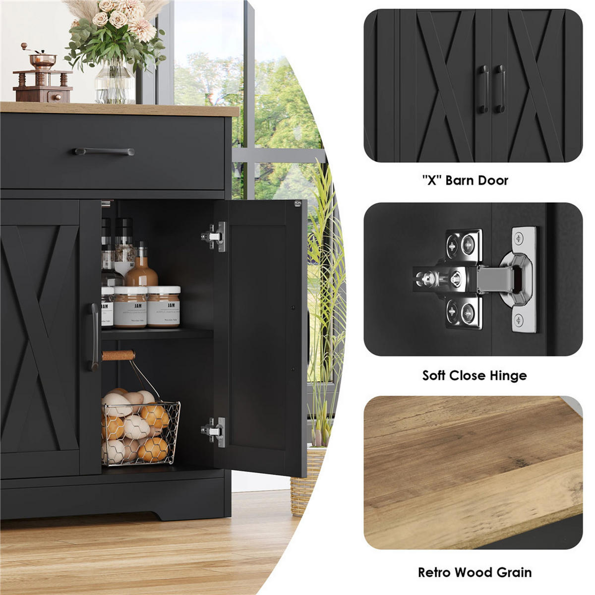 SIDEBOARD 120x81x40 cm Küchenschrank 2 Schubladen Schwarz - Schwarz, Holz (120/81/40cm) - Kaket