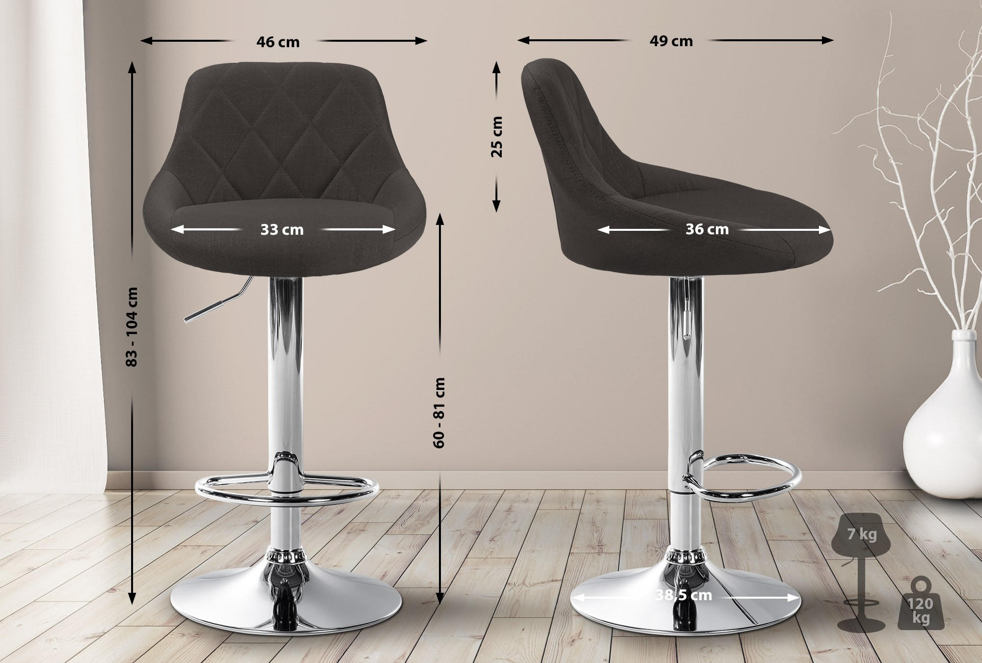 BARHOCKER Stoff Dunkelgrau - Chromfarben/Dunkelgrau, Textil/Metall (46/83/49cm) - CLP