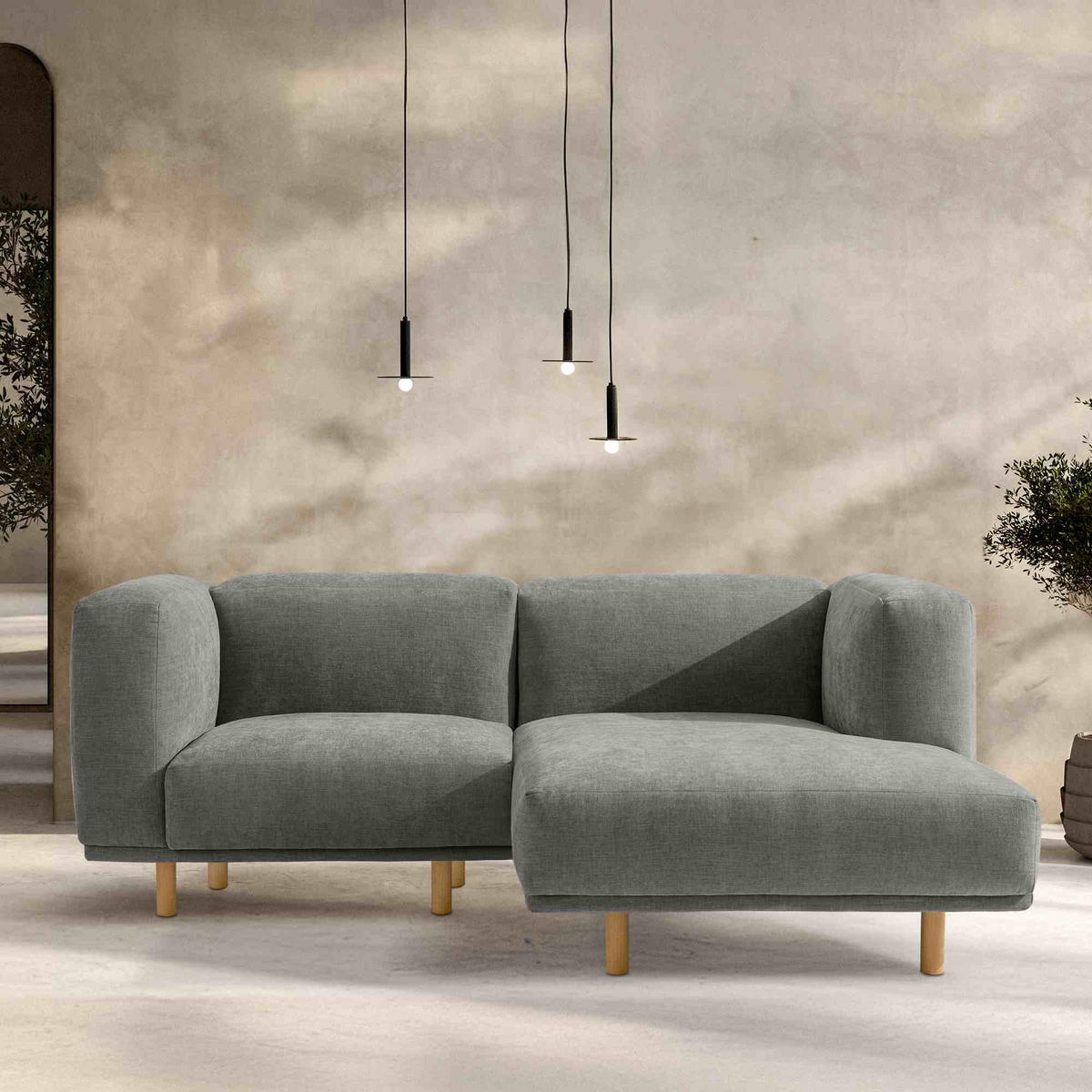 ECKSOFA-RECHTS FOSERO, Chenille-Stoff - Buchefarben/Grau, Holz/Holzwerkstoff (204/155cm) - KONSIMO®