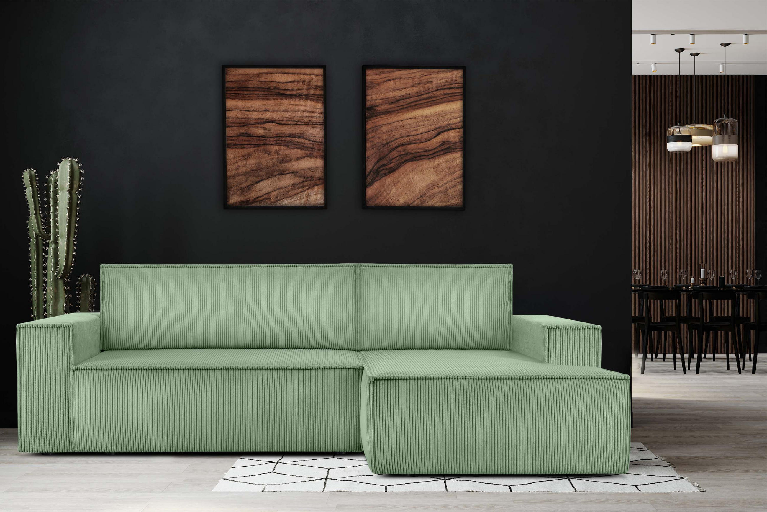 ECKSCHLAFSOFA-RECHTS NAPI in Pet Friendly Cord-Stoff, mintfarben - Schwarz/Mintgrün, Textil (262/148cm) - KONSIMO®