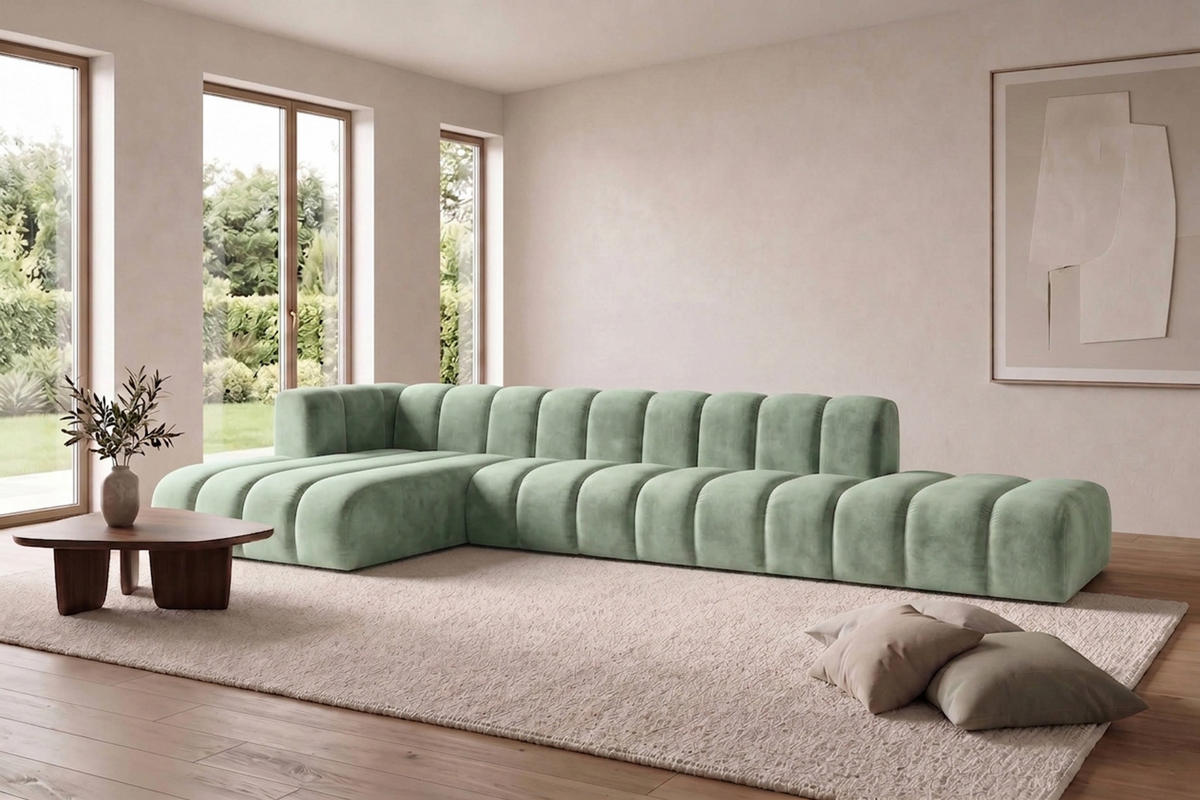 ECKSOFA Modulares In L-Form Mit Hocker, Velvet-Stoff Riviera, Mintz, Links, GRAND - Mintgrün, Holz (386/179cm) - Kaiser Möbel