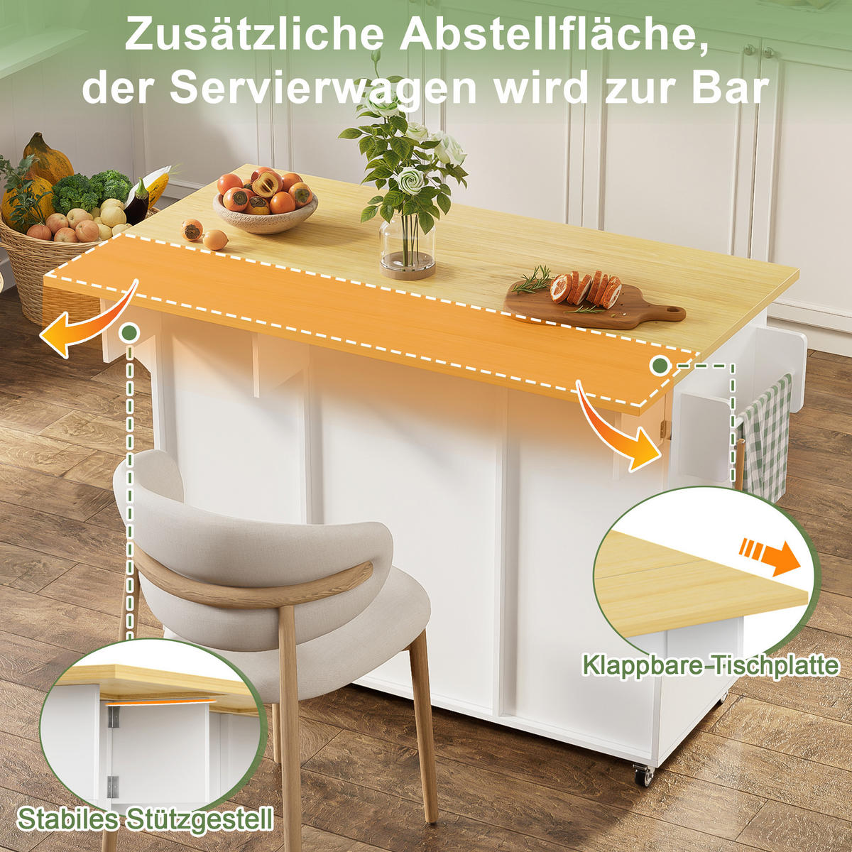 KÜCHENINSEL 120x45/70x92 cm klappbar mit 2 Schubladen - Weiß, Holzwerkstoff (120/92/70cm)