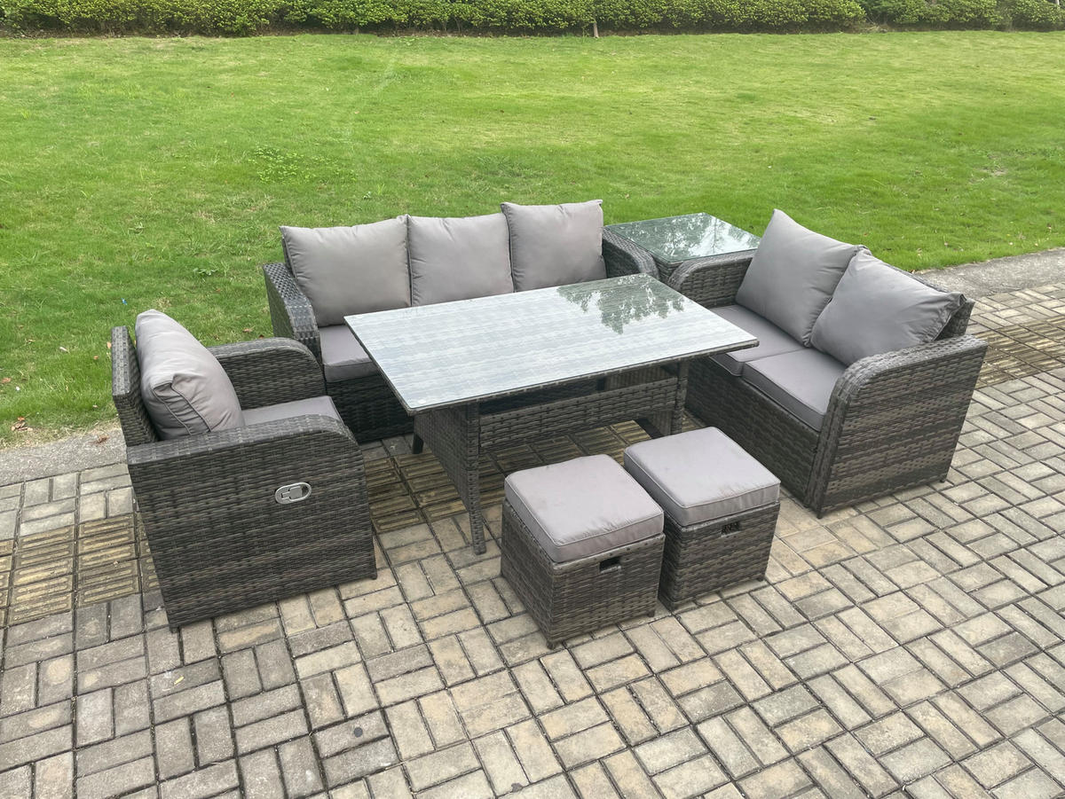GARTENTISCHGRUPPE mit Liegestuhl,3 Hockern,Beistelltisch Polyrattan 8-Sitzer - Dunkelgrau/Grau, Glas/Kunststoff - Fimous
